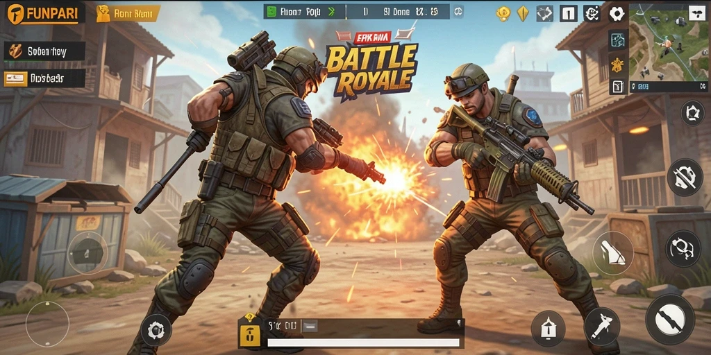 Screenshot utama <strong>FUNPARI</strong> menunjukkan pertarungan seru dalam arena Battle Royale.