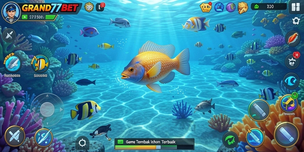 Tangkapan layar gameplay GRAND77BET menampilkan aksi menembak ikan yang seru.