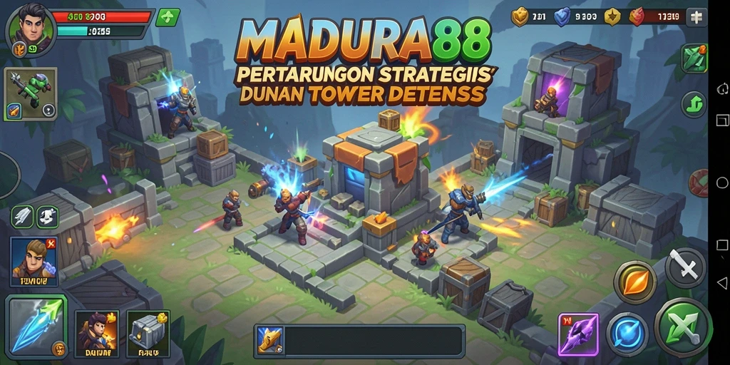 Screenshot gameplay MADURA88 dengan menara yang strategis dan intensitas pertempuran.
