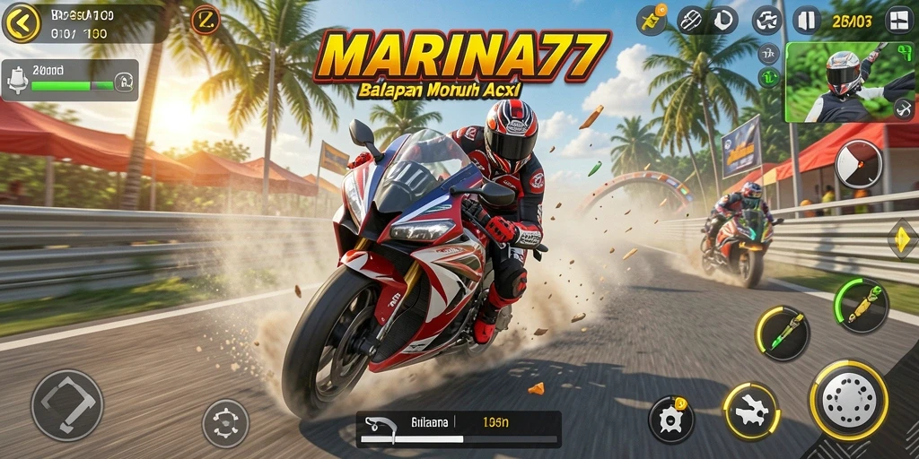 Screenshot gameplay MARINA77 yang menunjukkan aksi balapan motor yang seru.