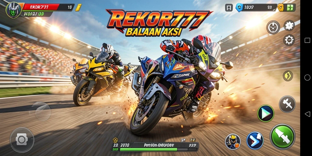 Tampilan gameplay balapan motor yang mendebarkan dalam REKOR777.