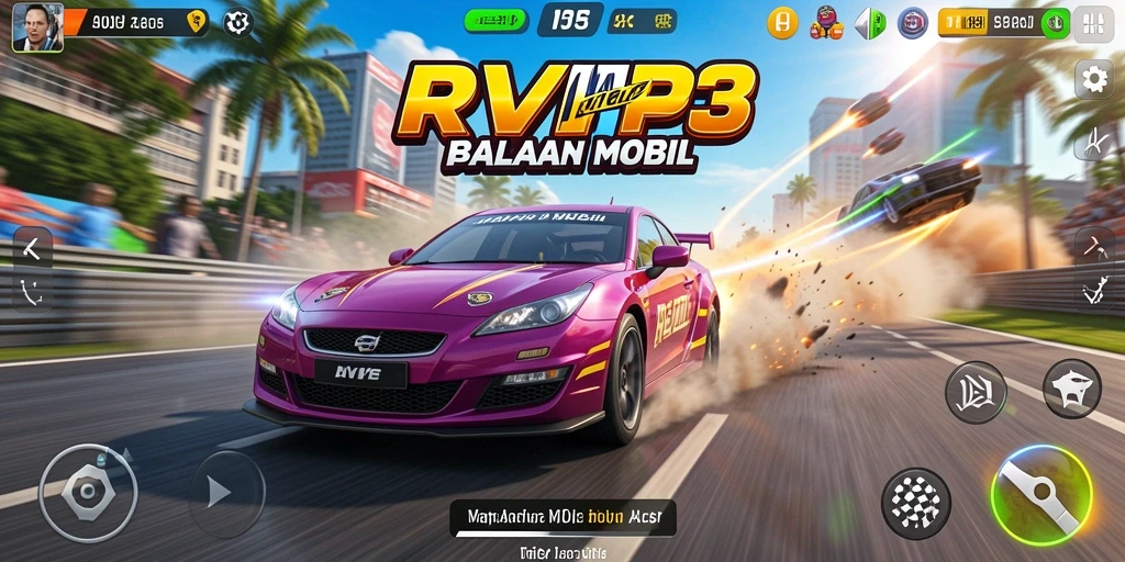 Tampilan balapan seru dengan mobil cepat dan trek menantang.