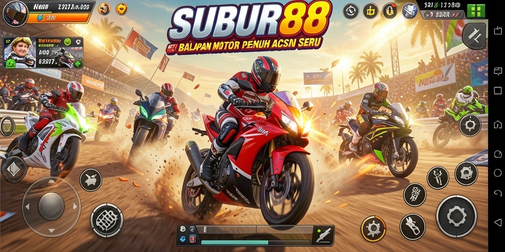 Screenshot SUBUR88 menampilkan balapan motor yang seru di trek yang menantang.