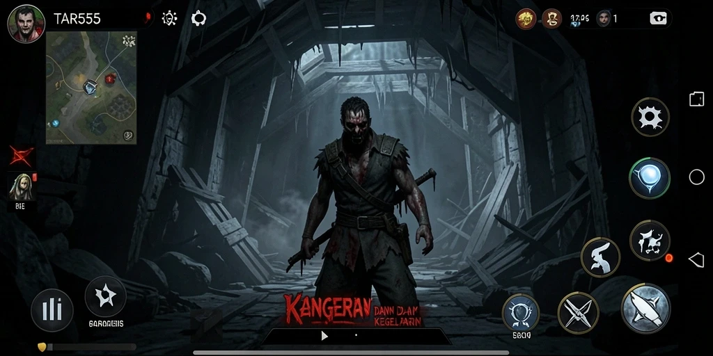 Screenshot TAR555 menampilkan karakter yang dikejar makhluk mengerikan di area gelap.